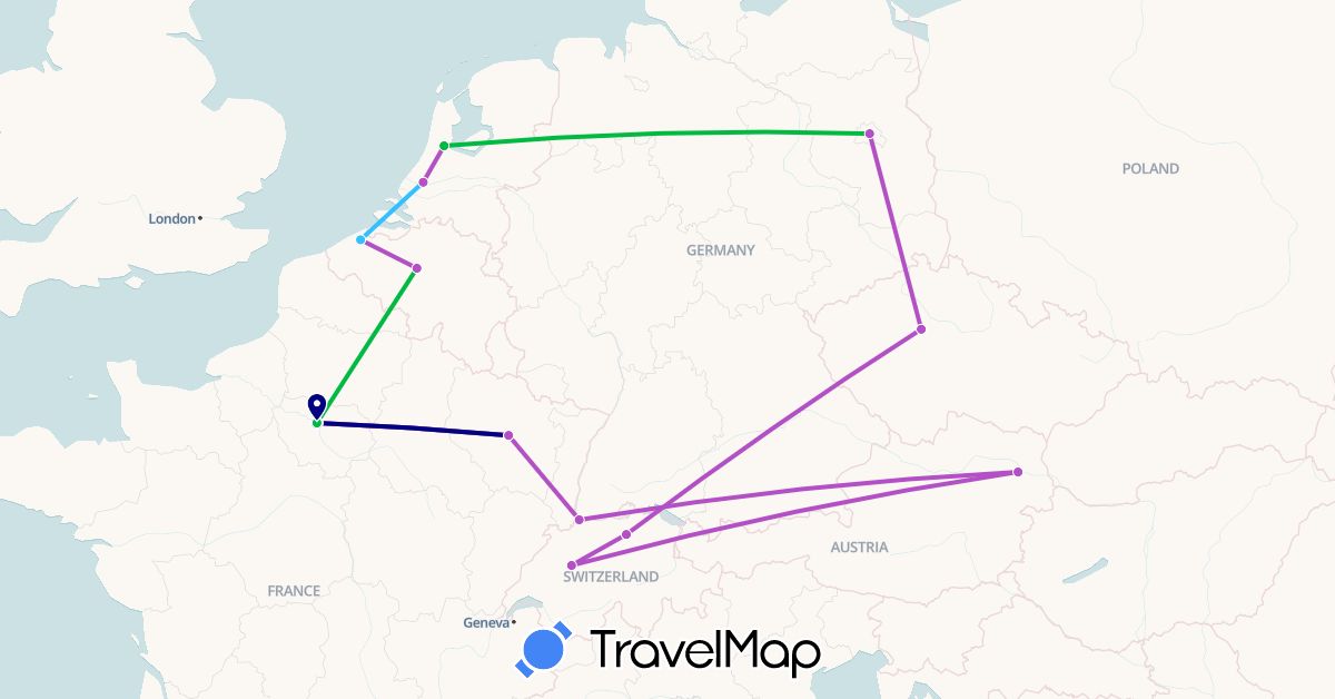 TravelMap itinerary: driving, bus, train, boat in Austria, Belgium, Switzerland, Czech Republic, Germany, France, Netherlands (Europe)
